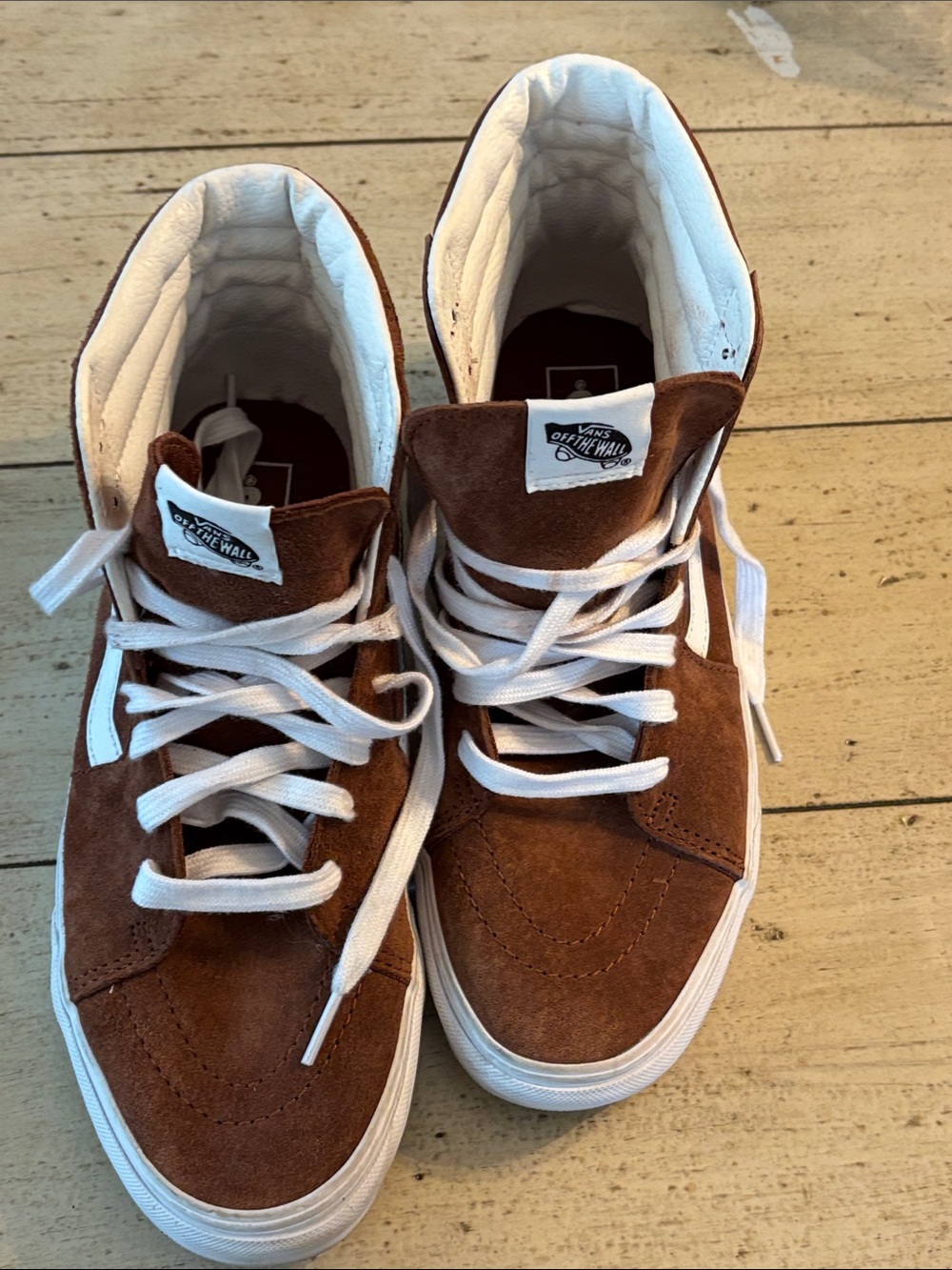 Vans women’s Brown Suede High-Top Sneakers with White Laces